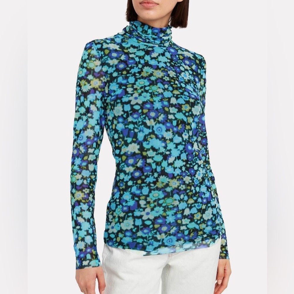 GANNI Mesh Turtle Neck Top‎ Long Sleeves Blue Flower